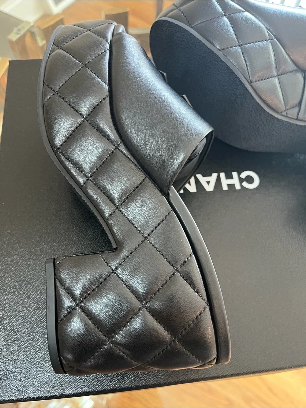 CHANEL Black Quilted Leather Platform Mules with CC Logo